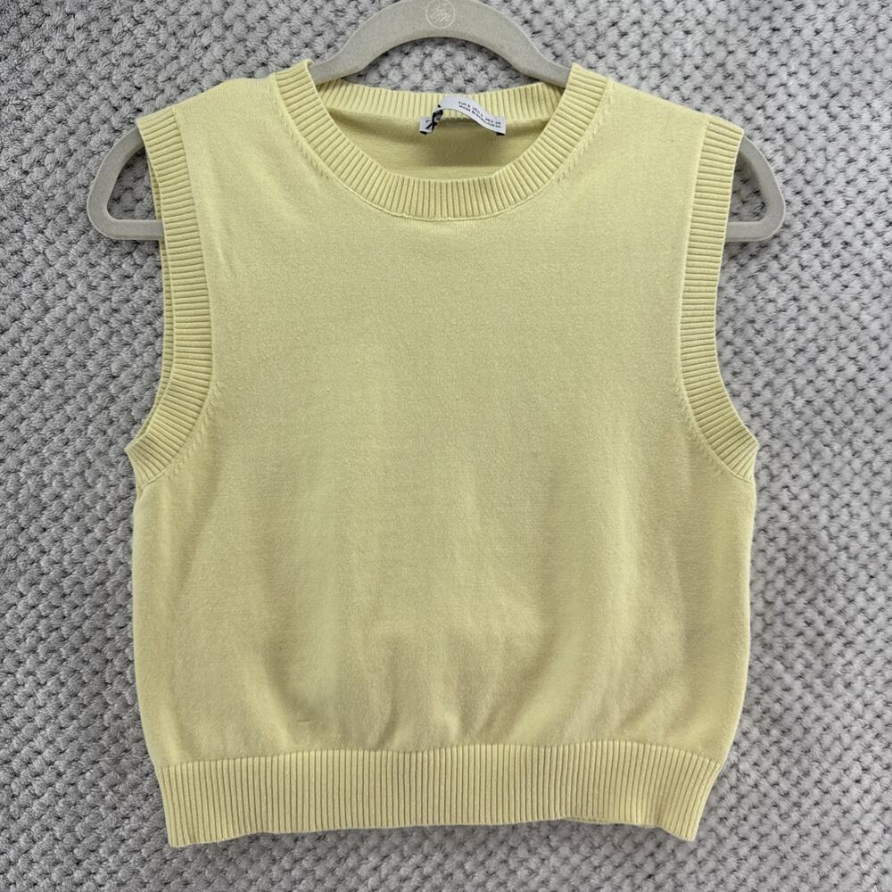Zara Knit Vest Top Womens S Yellow Rib Crew Neck Sleeveless Preppy Academia